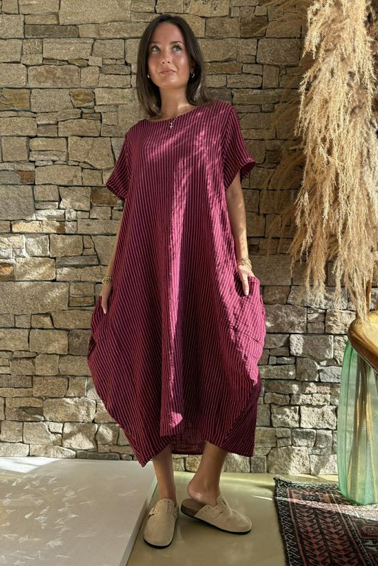 Salcombe Chalk Stripe Cotton Cocoon Dress Merlot